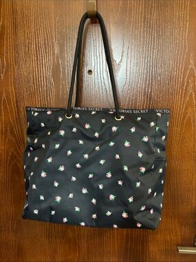 Victoria's Secret Black Tote with Pink Rose Pattern